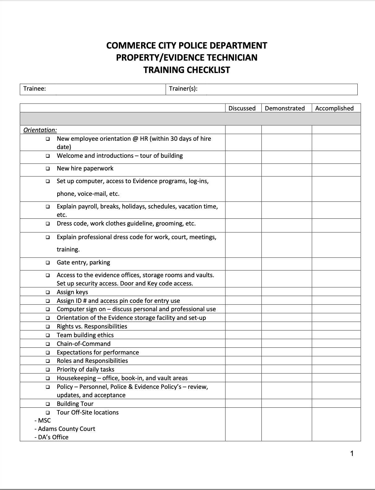 Evidence Training Checklist Property Evidence Technician