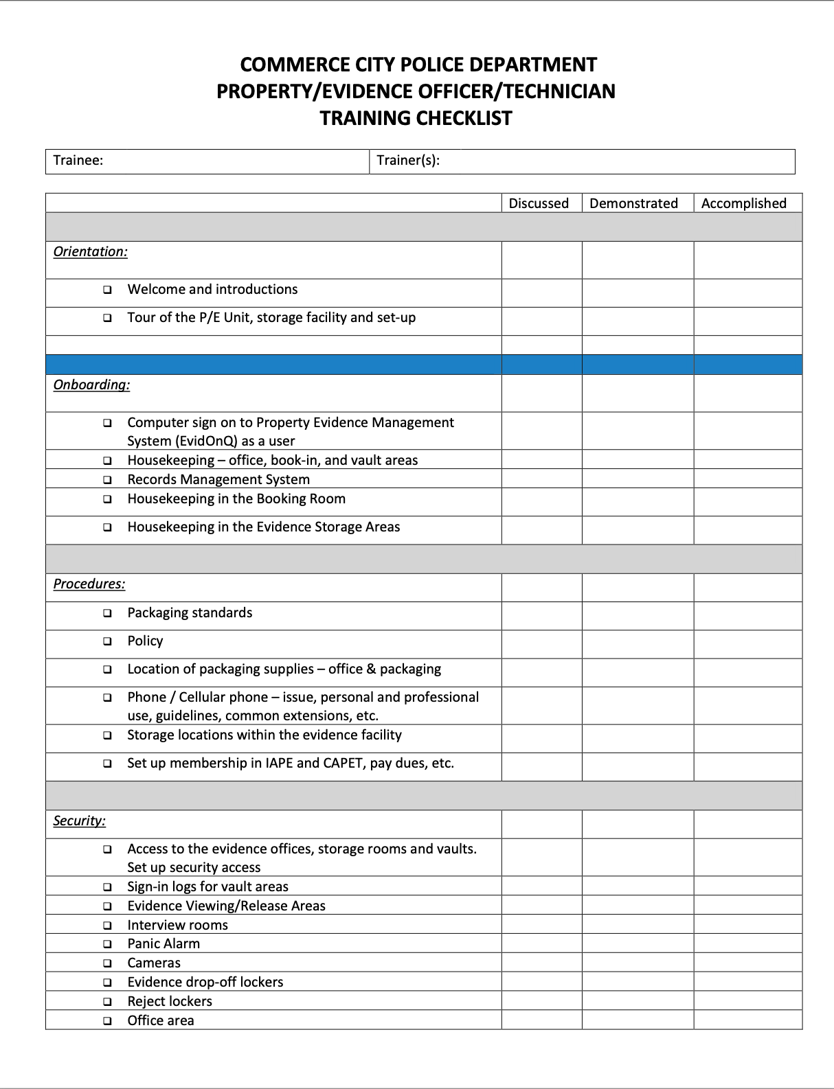 Evidence Training Checklist